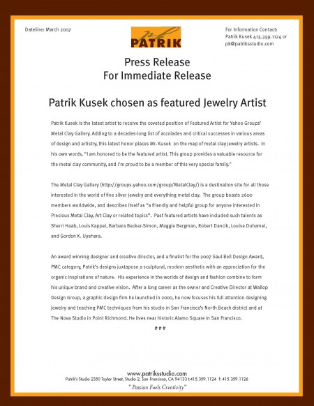 Metal Clay Groups Featured Artist Patrik Kusek